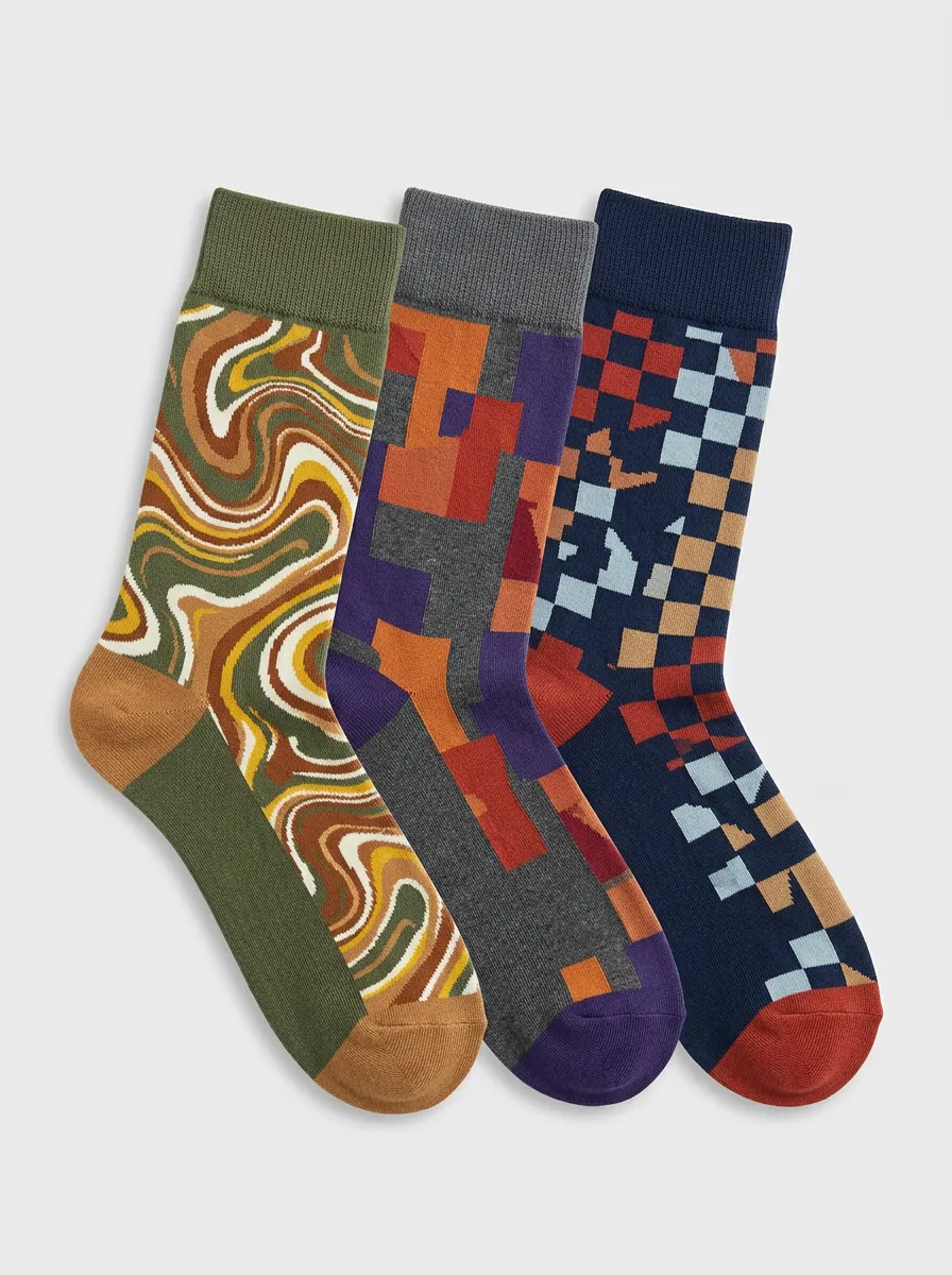 Men's Geometric Abstract Pattern Three-Pack Cuff Socks