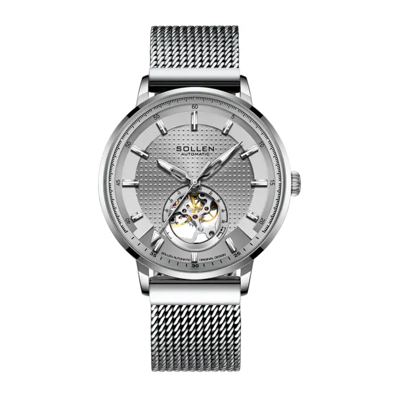 Sollen SL362 Men's Open Heart Automatic Mechanical Watch - 42mm Stainless Steel Case Slim 9.9mm Ice Blue Luminous Markers Mesh Bracelet Wristwatch