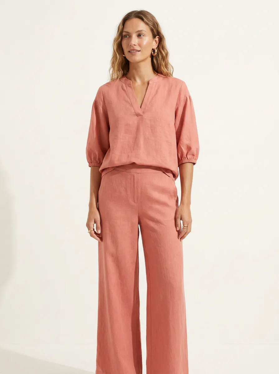 Refined Short-Sleeve Puff-Sleeve Women's V-Neck Casual Lounge Set