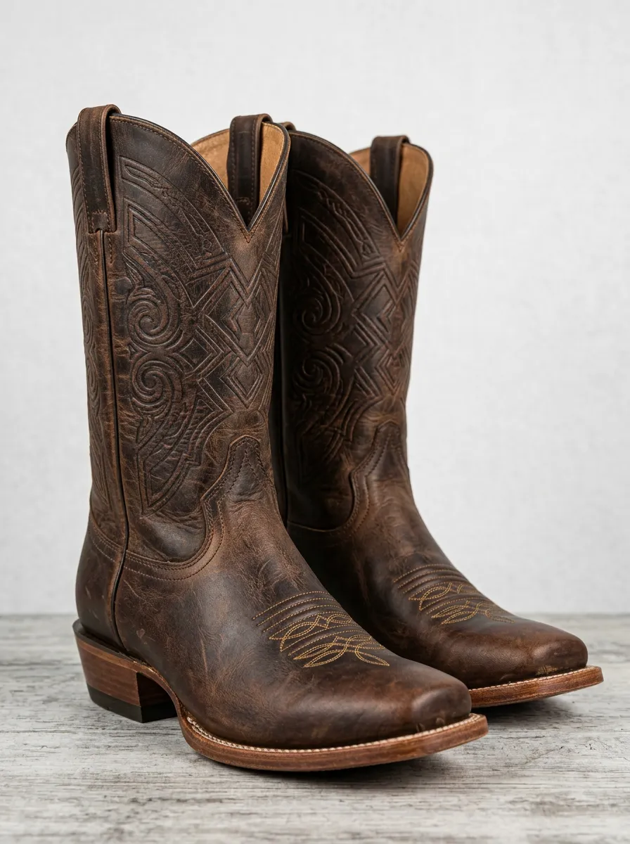Southwestern Embroidered Distressed Leather-Look Edit Men's Western Cowboy Boots
