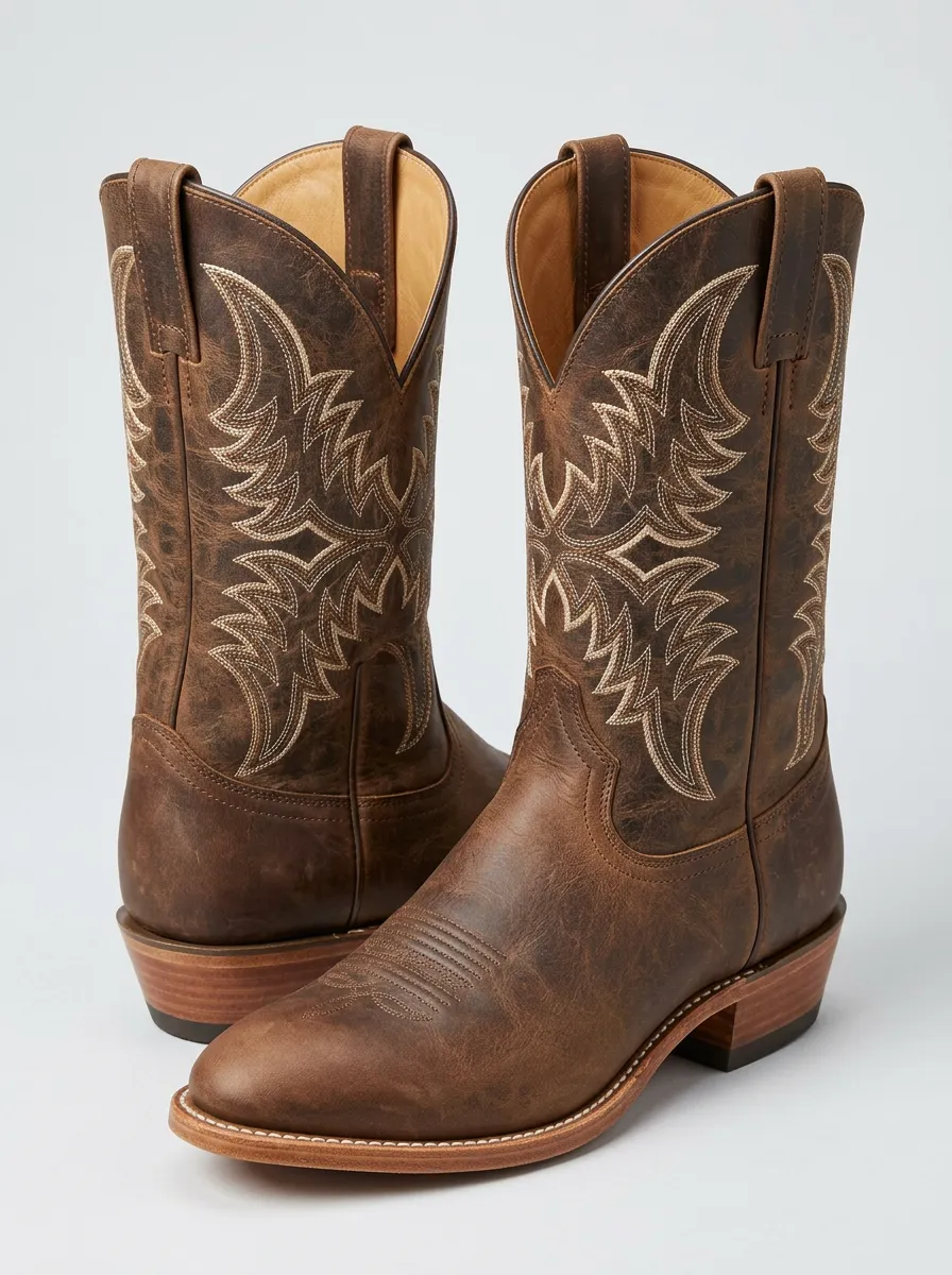Unisex Outlaw-Inspired Embroidered Leather-Look Motif Western Cowboy Boots