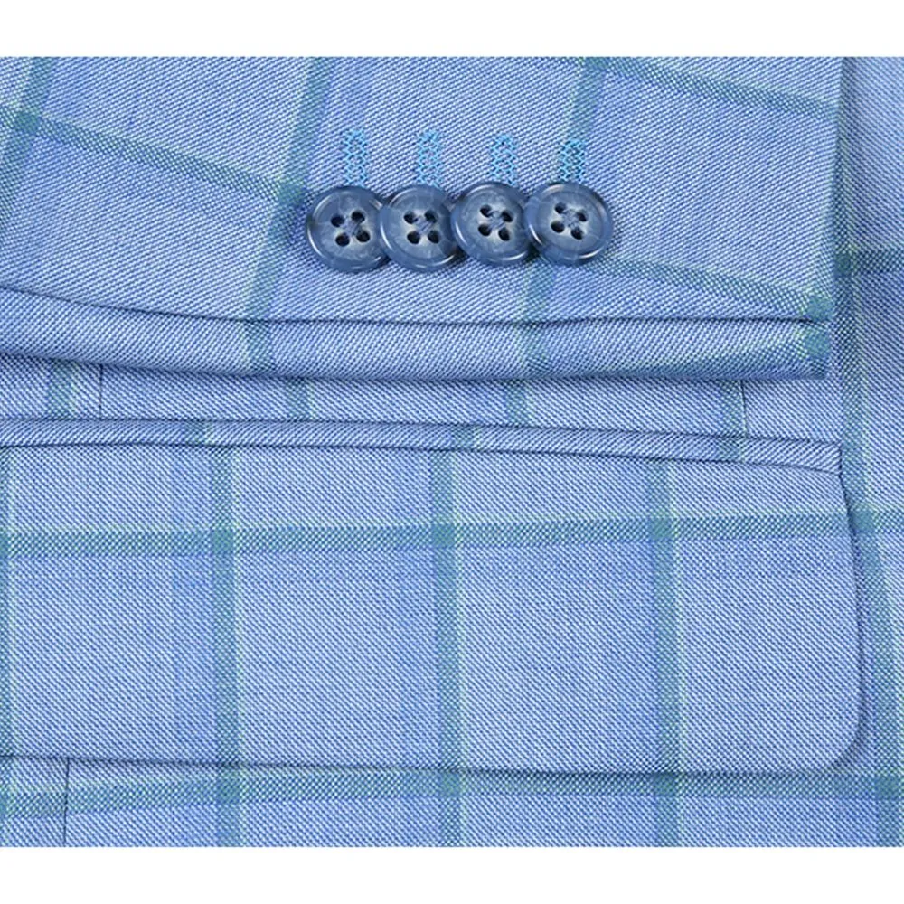 Blue Classic Fit Wool Plaid Single Breasted Two Button Blazer