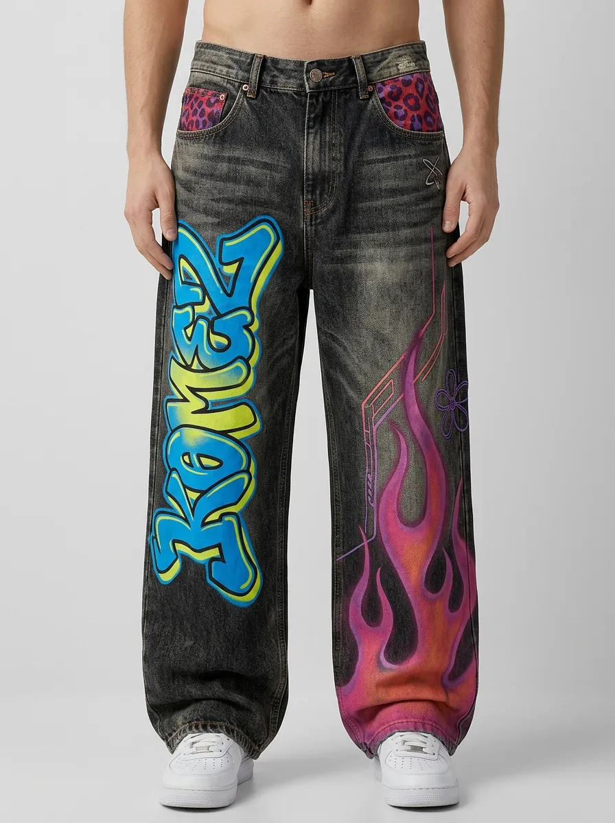Men's Streetwear Graffiti Flame Leopard Print Printed Jeans