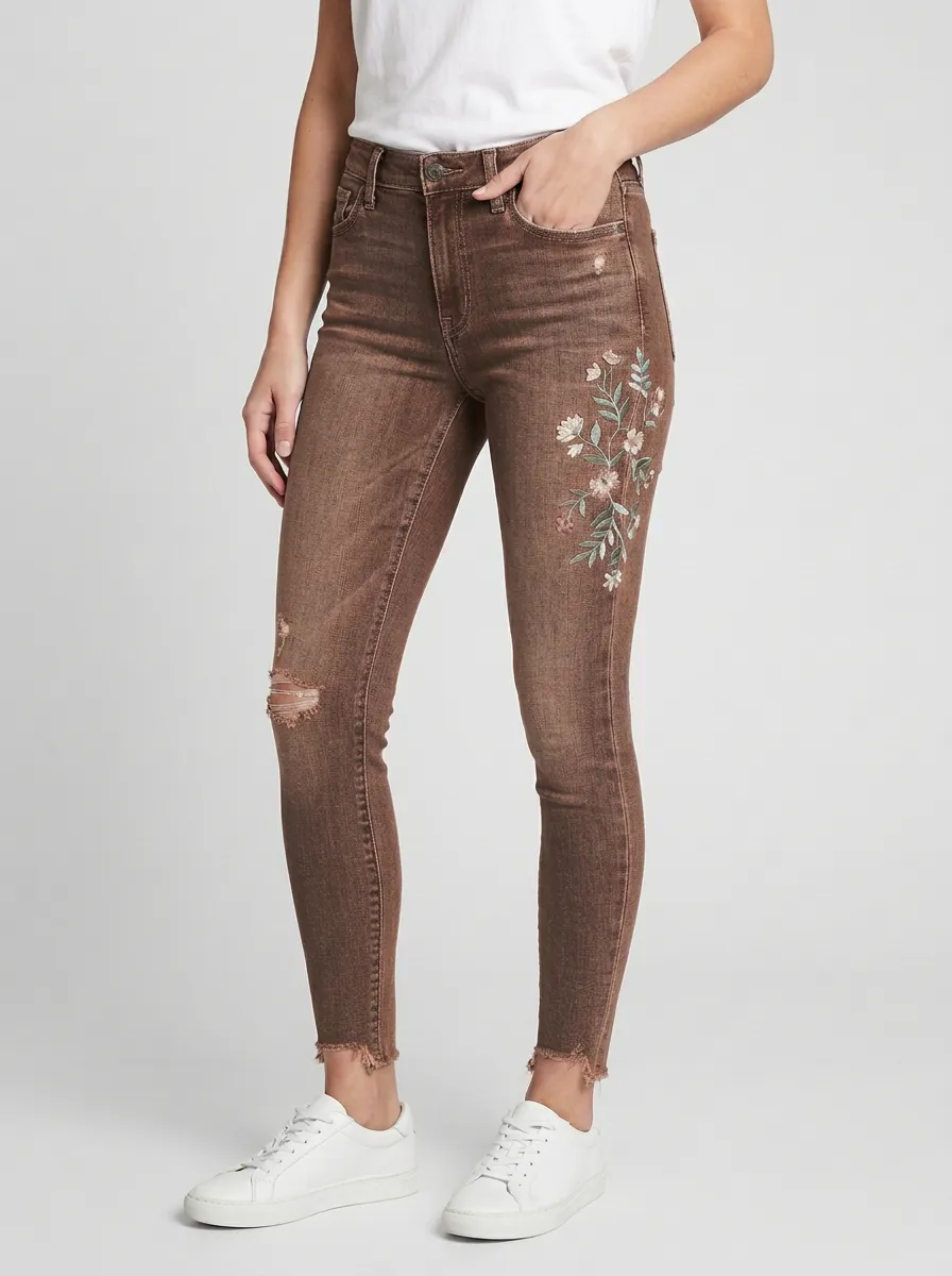 Women's Bennett Floral Embroidered Distressed Graphic Slim Jeans
