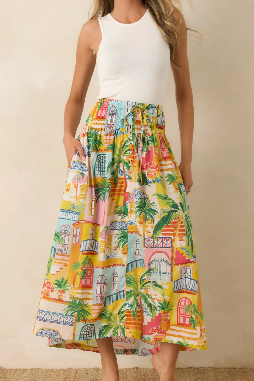 Coastal Village Print Cotton Maxi Skirt