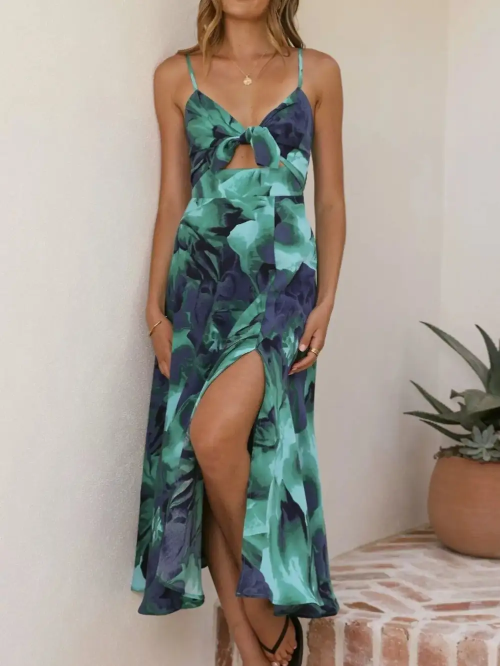 Structured Shape Floral Printed Slit Midi Dress