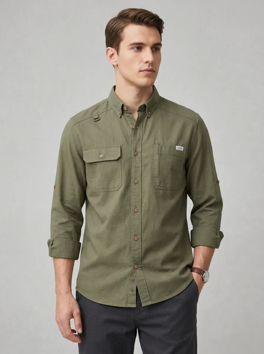 Men's Outdoor Casual Olive Green Cargo Button-Down Shirt