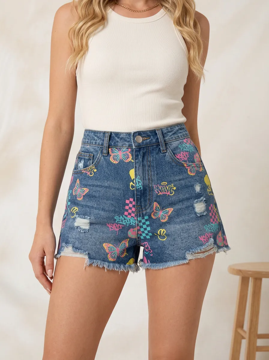 Women's Y2K Butterfly Graffiti Checkered Printed Denim Shorts