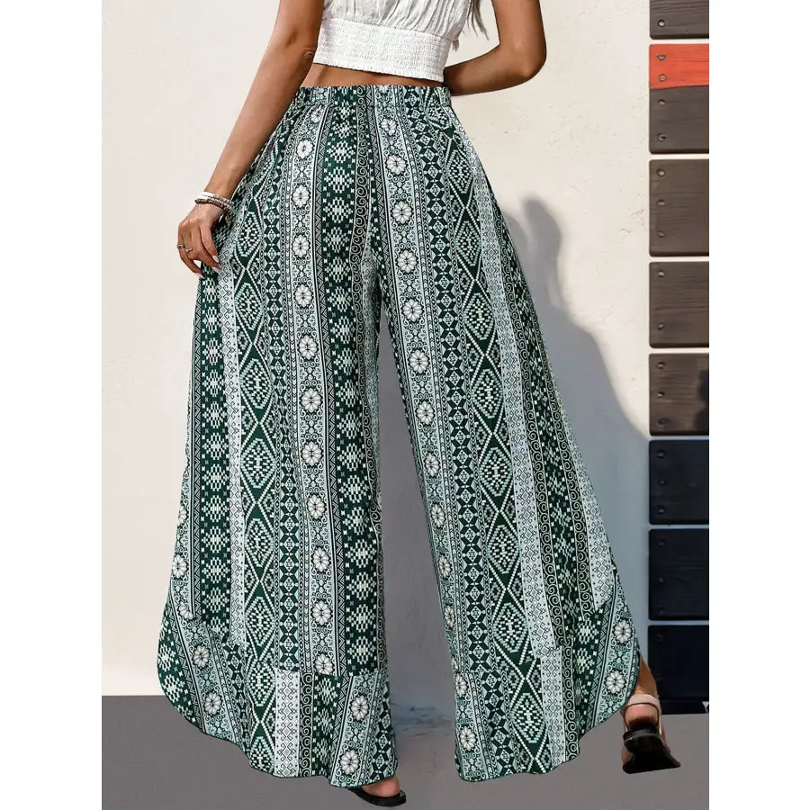 Slit Ruffled Geometric Wide Leg Pants