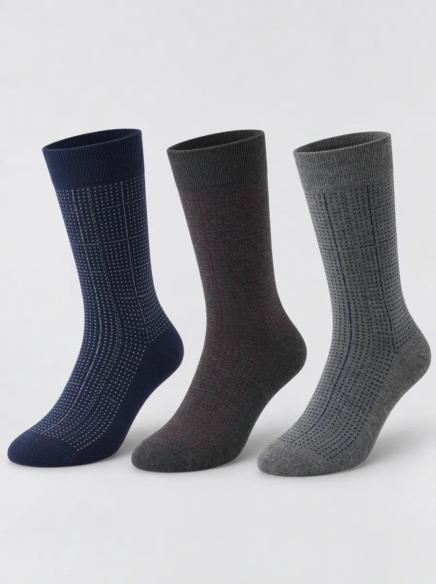 Men's Business Casual Geometric Grid Pattern Printed Socks 3-Pack