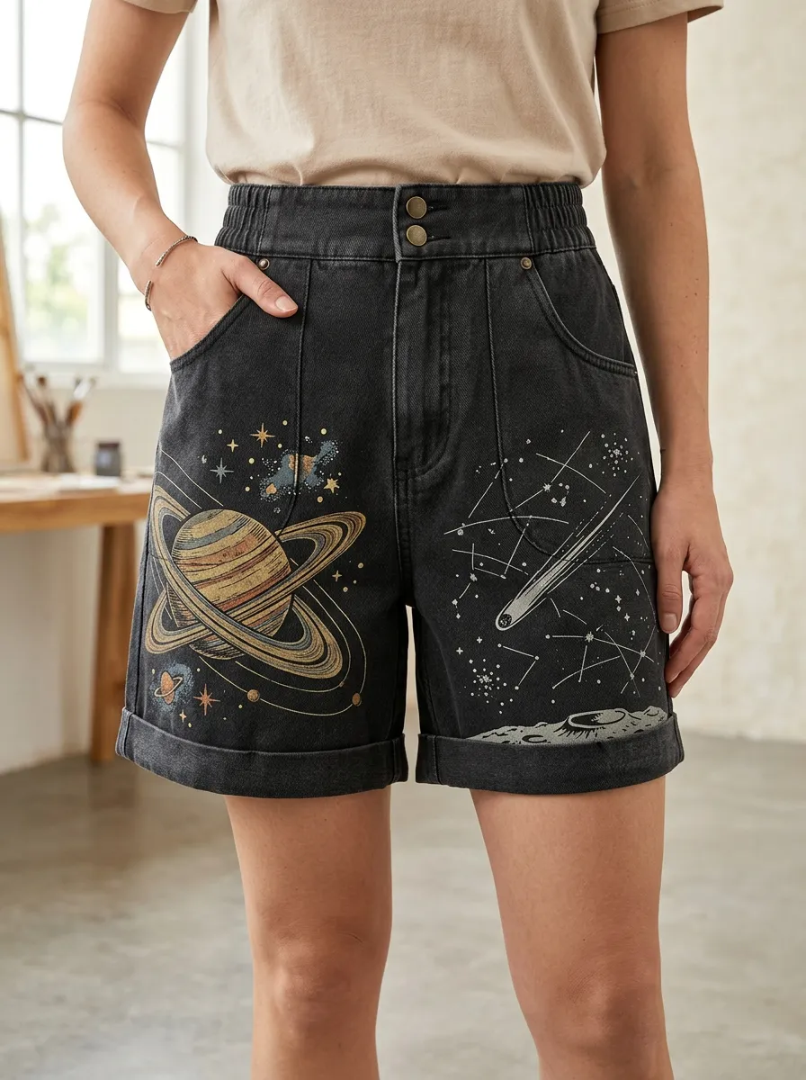 Women's Space Lover Planet Comet Printed Denim Shorts