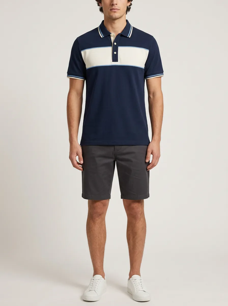Men's Casual Navy Blue Colorblock Striped Polo Shirt
