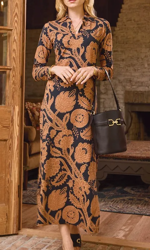 Orange Botanical Print Belted Midi Dress