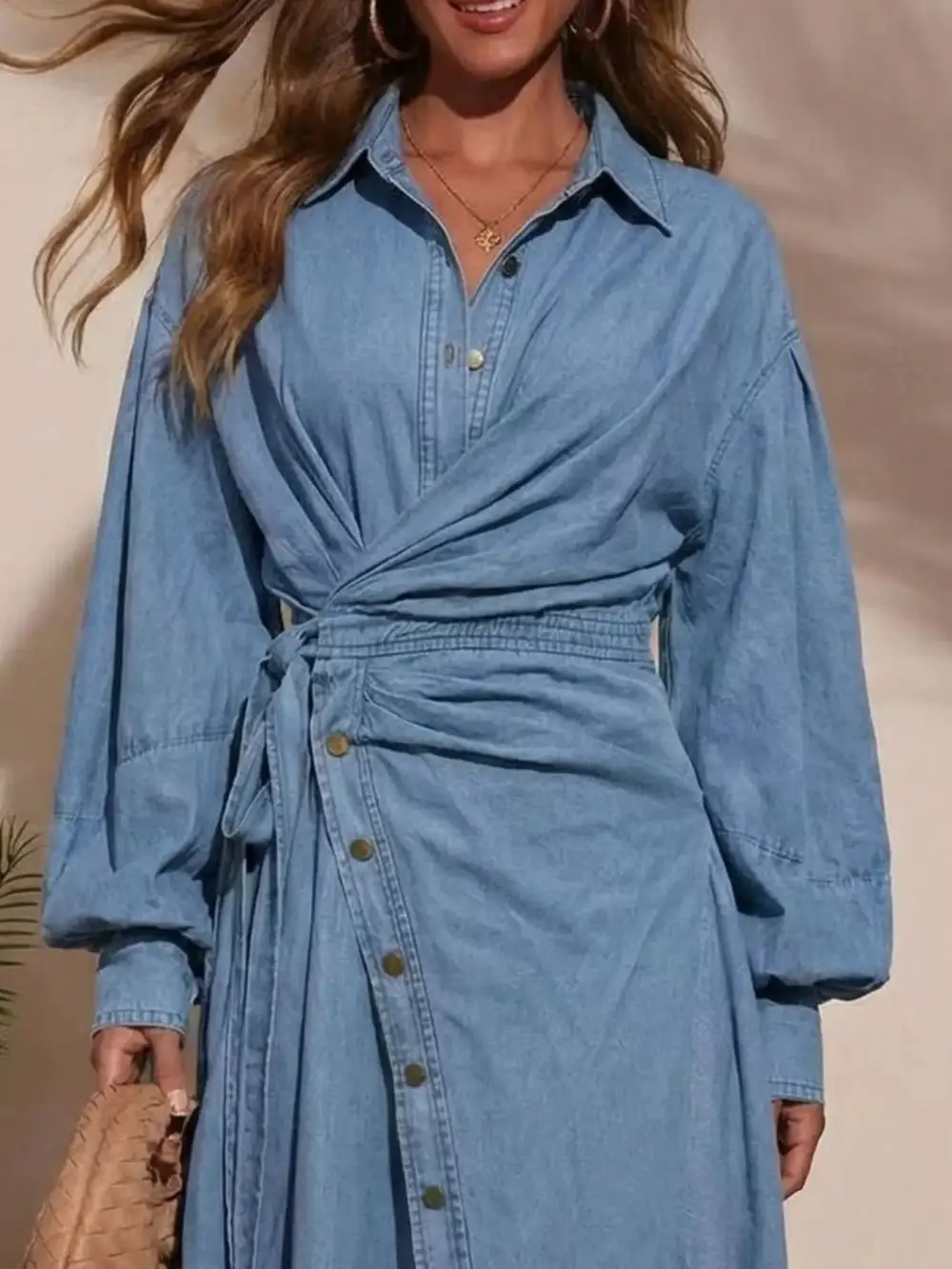 Wrap Front Long Sleeve Belted Denim Dress