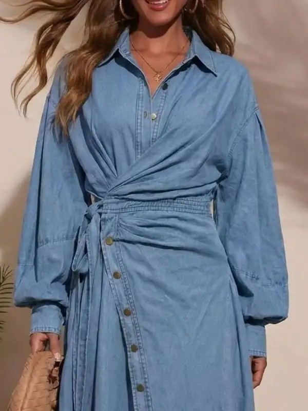 Wrap Front Long Sleeve Belted Denim Dress
