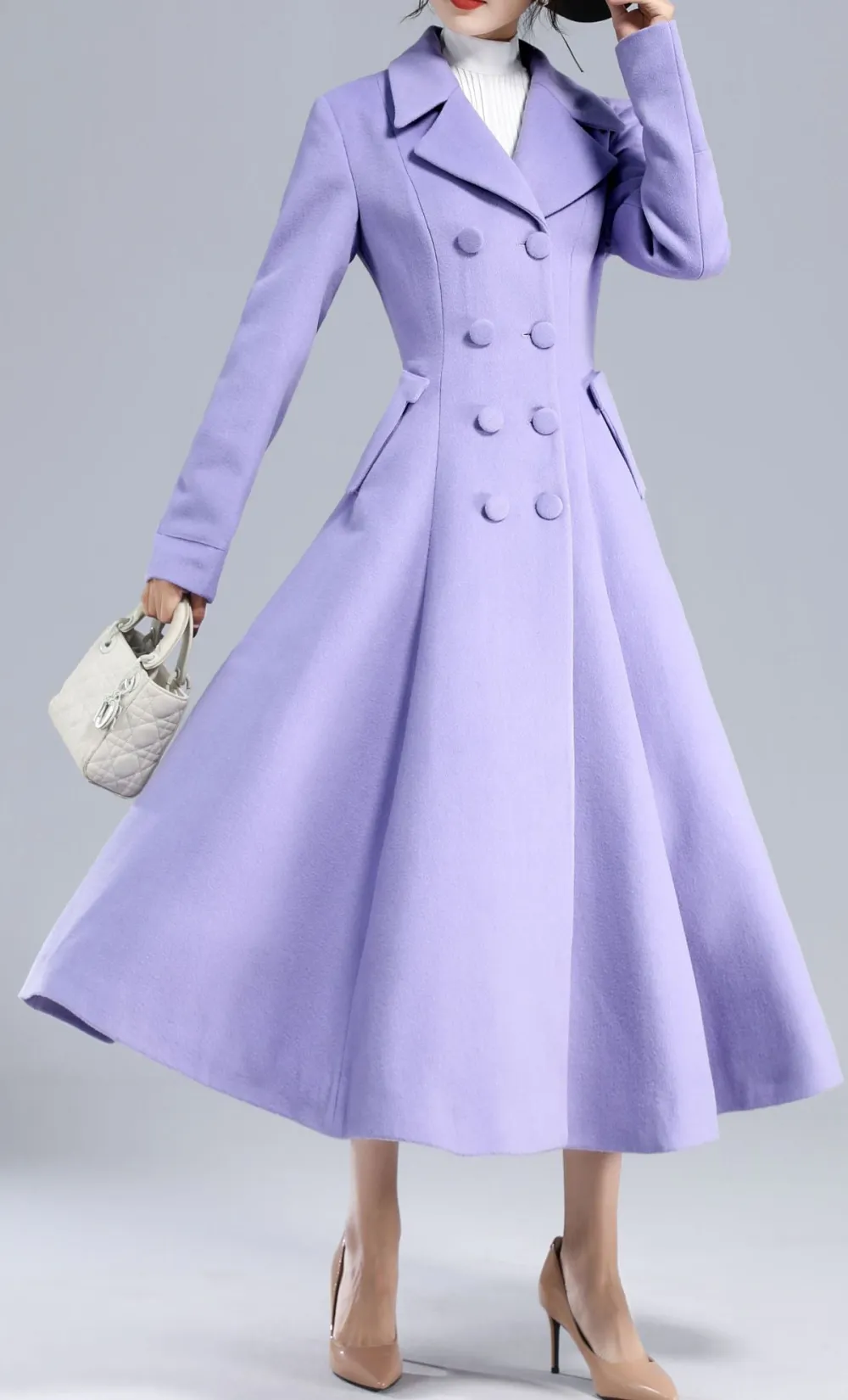 Wool Blend Fit and Flare Double Breasted Lapel Collar Pocketed Long Coat