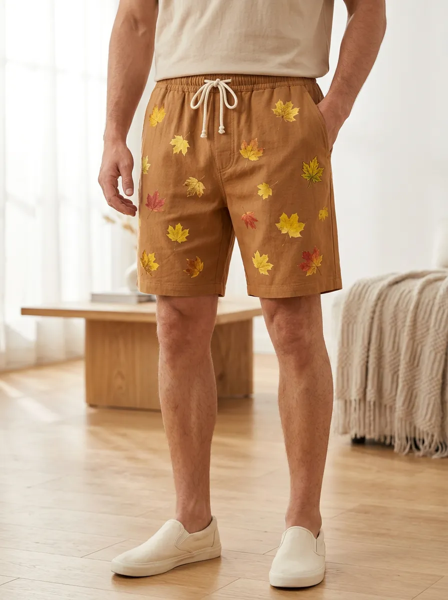 Tan Maple Leaf Print Drawstring Relaxed Fit Shorts