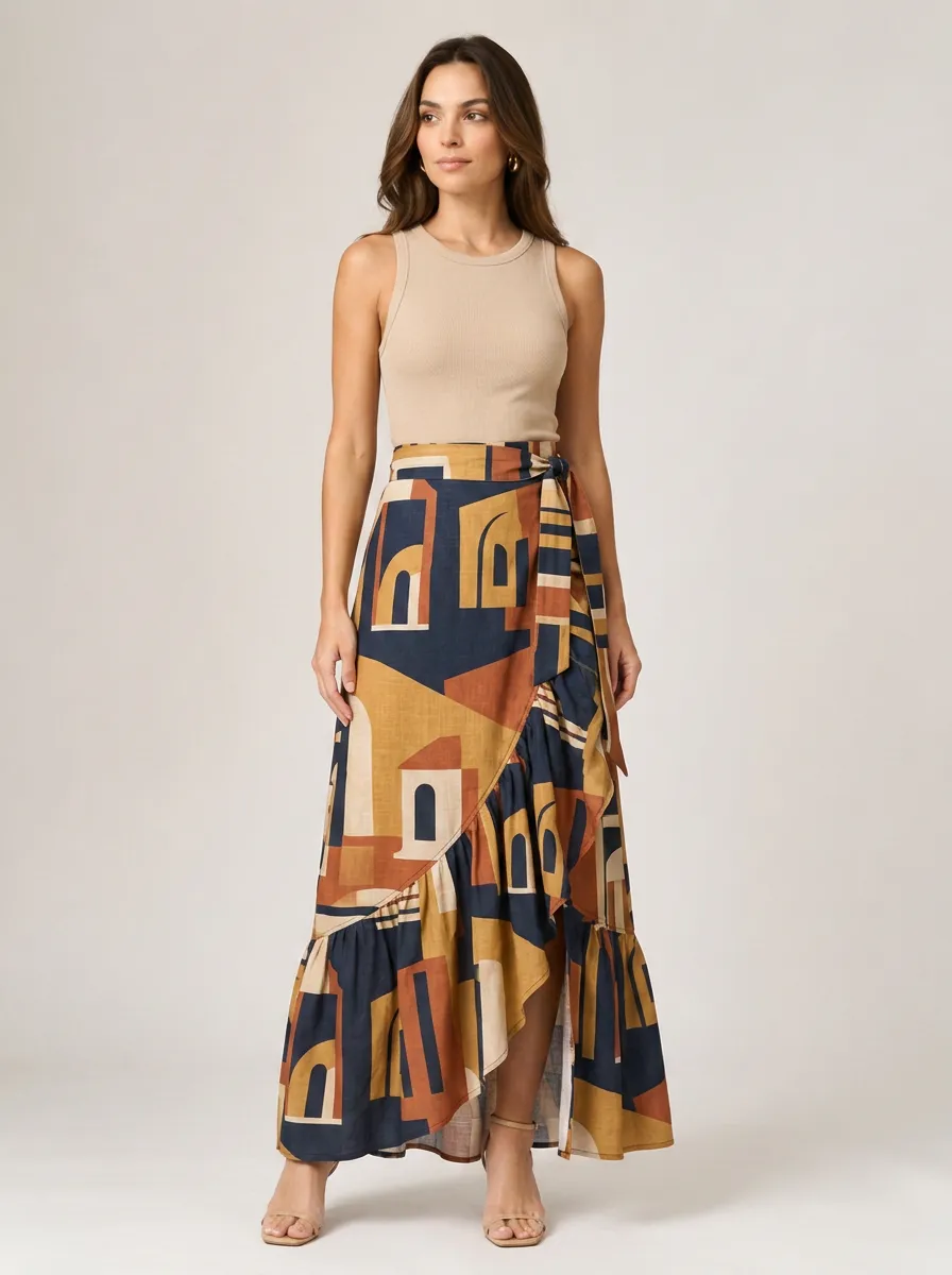 Women's Bohemian Abstract Architectural Printed Wrap Maxi Skirt