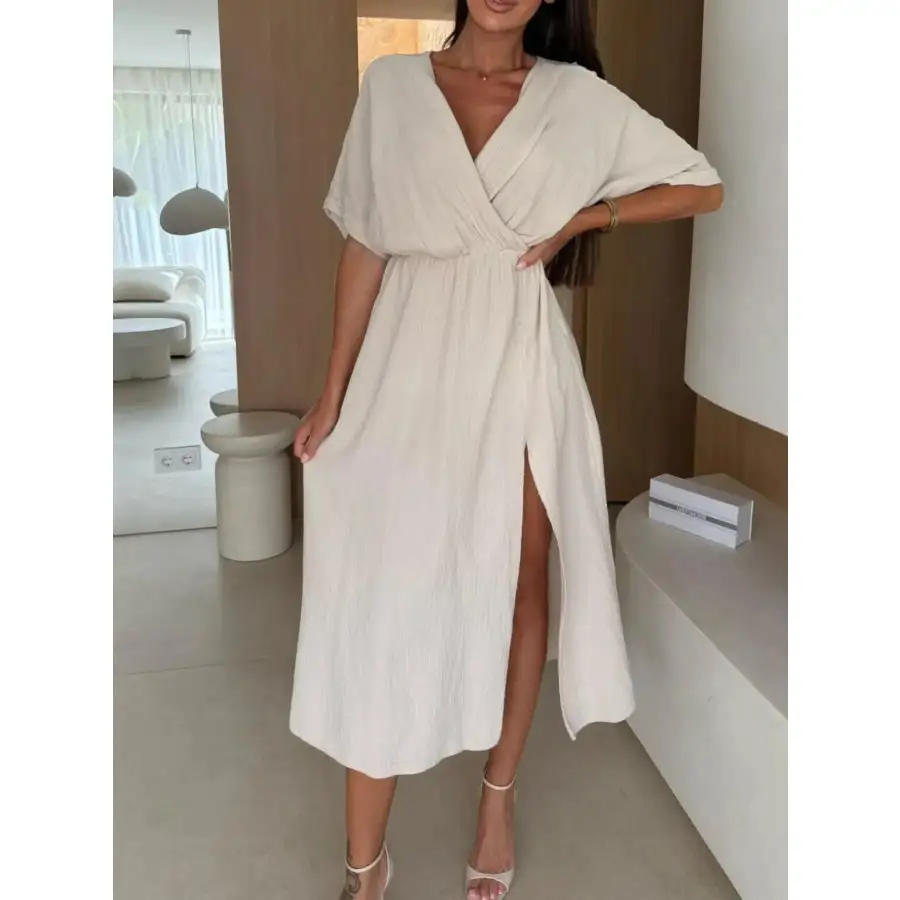 Slit Surplice Half Sleeve Midi Dress