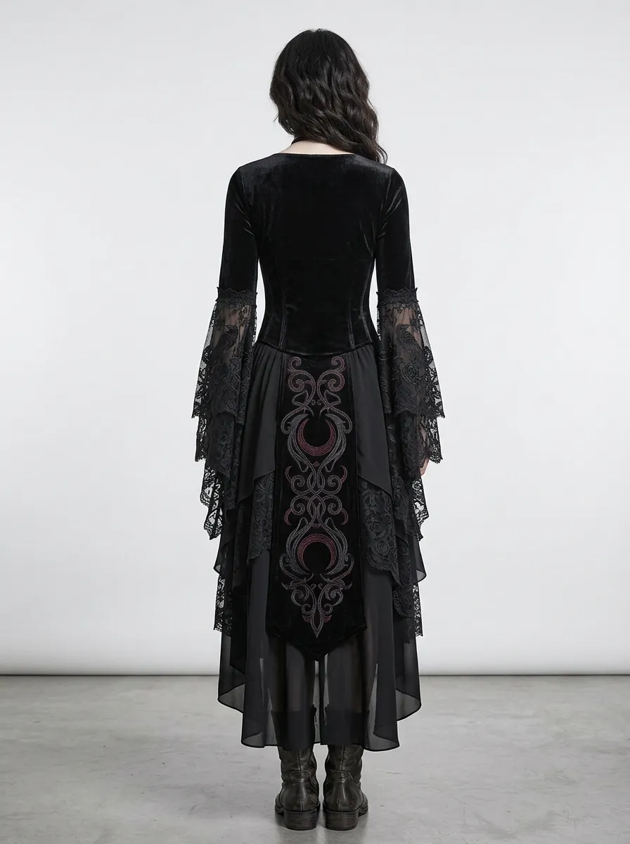 Dark Romantic Moon Lace Bell Sleeve Victorian Look Women's Gothic Dress
