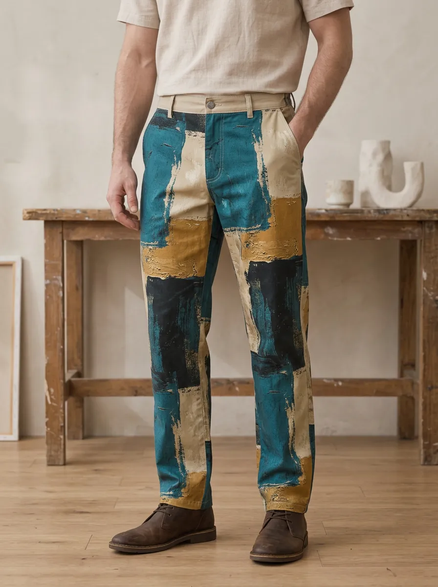 Men's Abstract Art Geometric Brushstroke Printed Pants