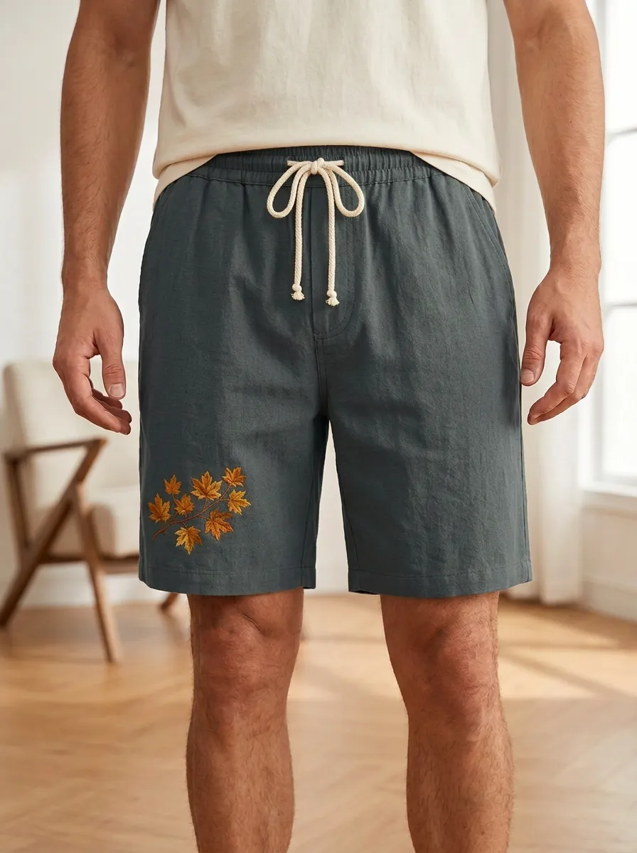 Olive Embroidered Leaf Detail Embroidered Shorts