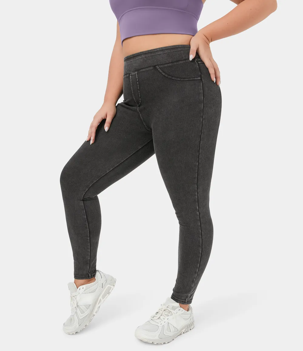 Magic High Waisted Back Side Pocket Stretchy Knit Denim Plus Size Casual Leggings