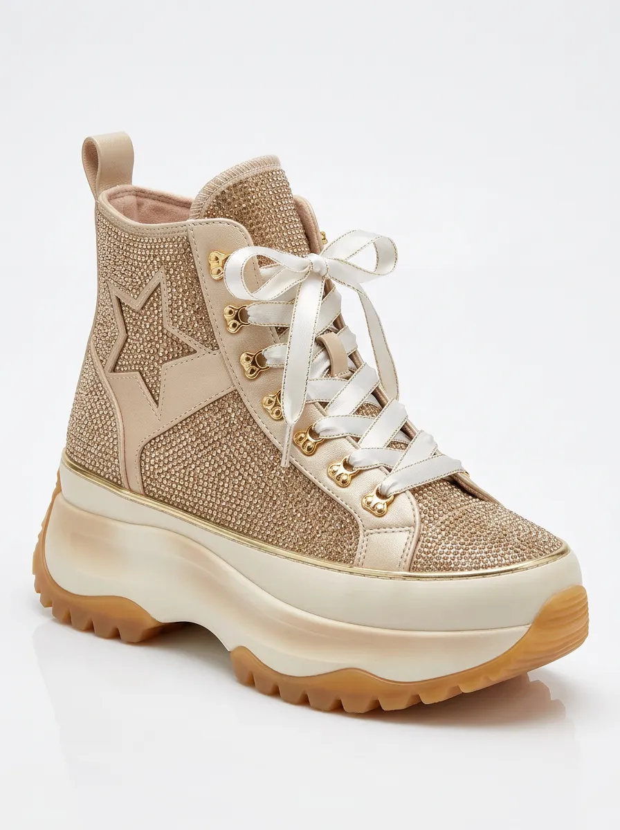 Lace-Detail Lace-Up High-Top Star-Pattern Women's Rhinestone Platform Shoes
