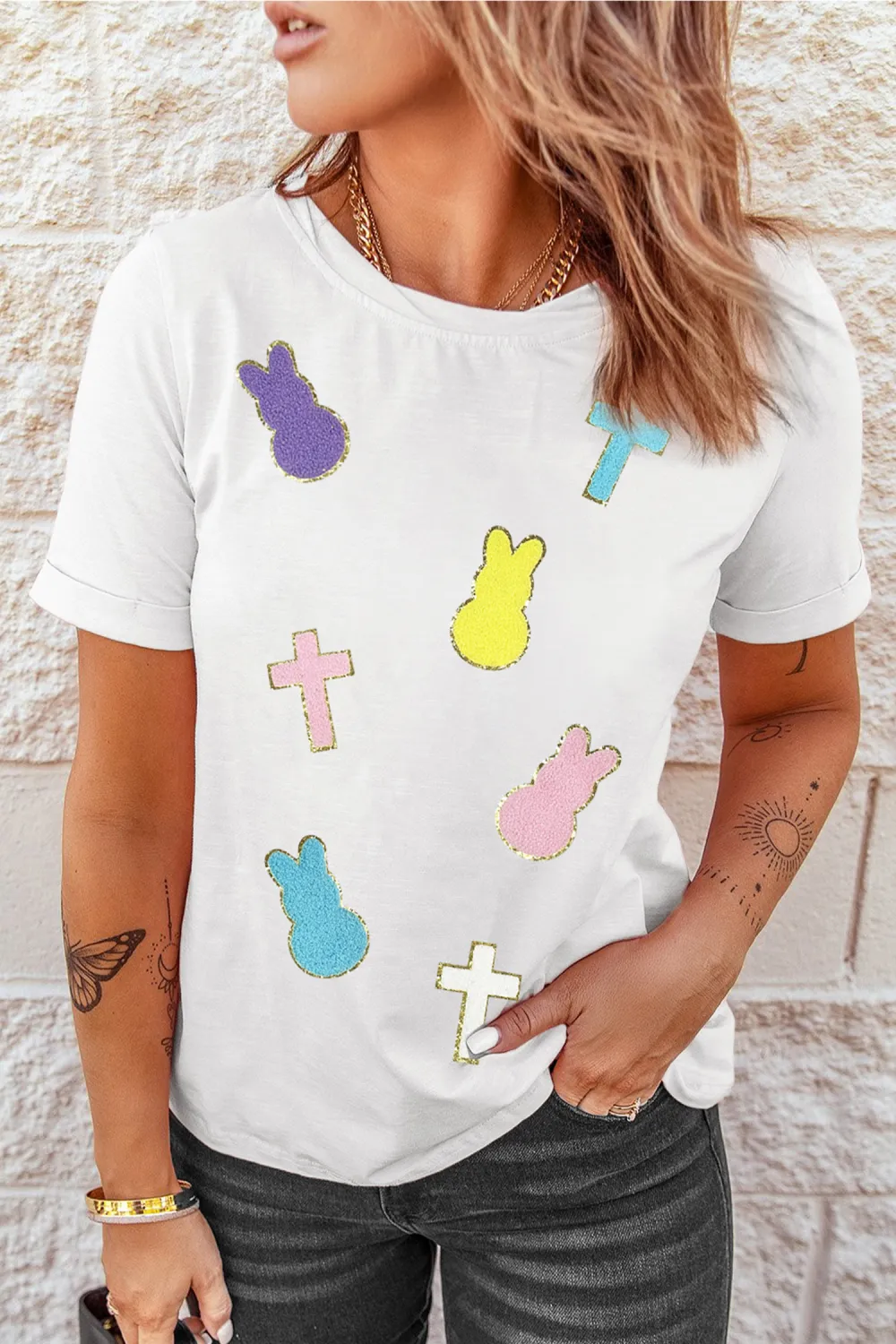 White Chenille Bunny Cross Patch Tee