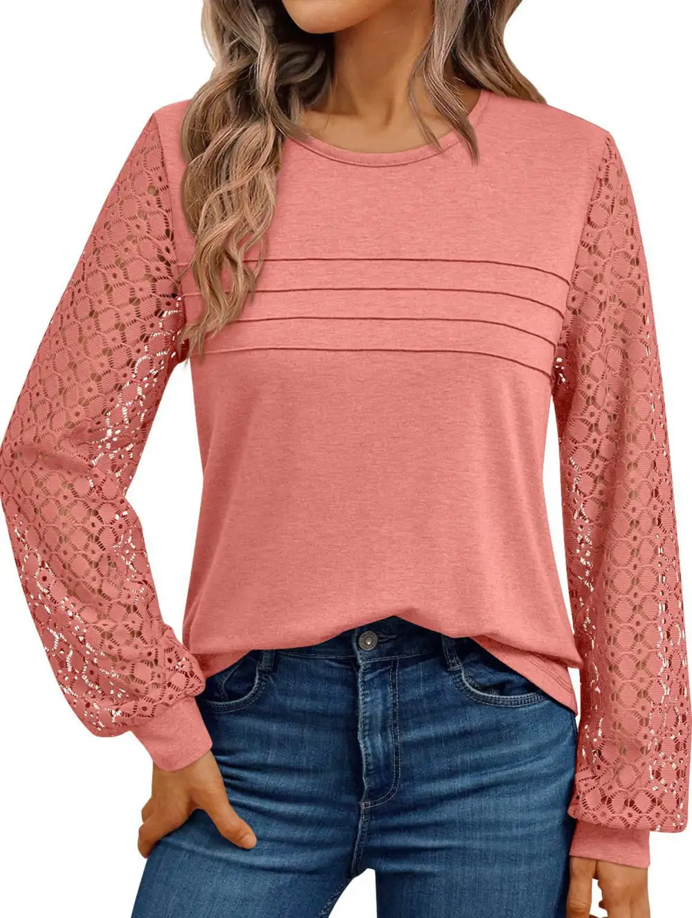 Crew Neck Openwork Patch Top