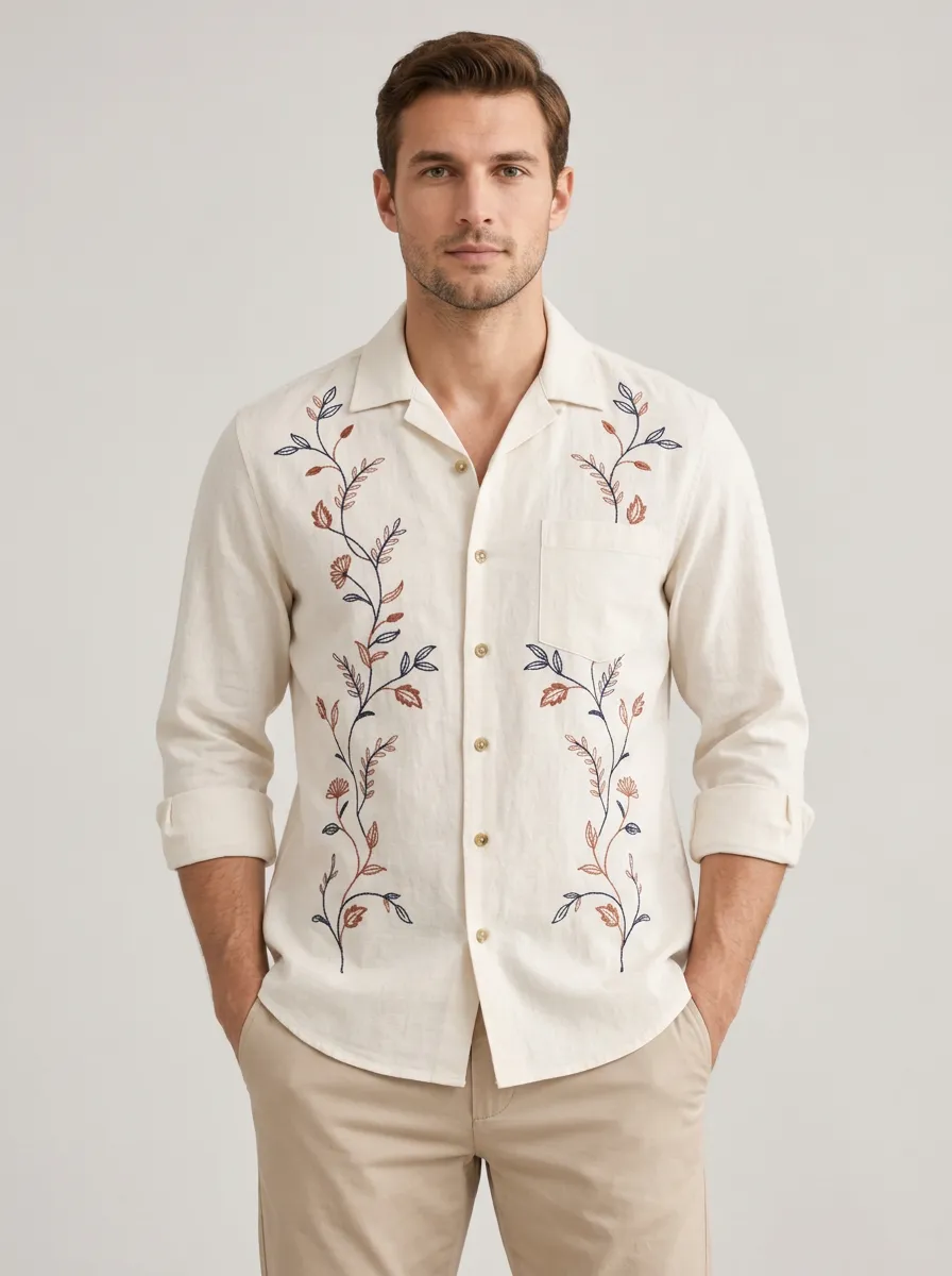 Men's Contemporary Botanical Embroidered Shirt
