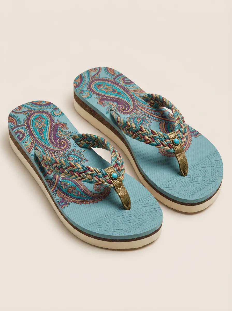 Women's Bohemian Style Paisley Printed Braided Strap Flip Flops