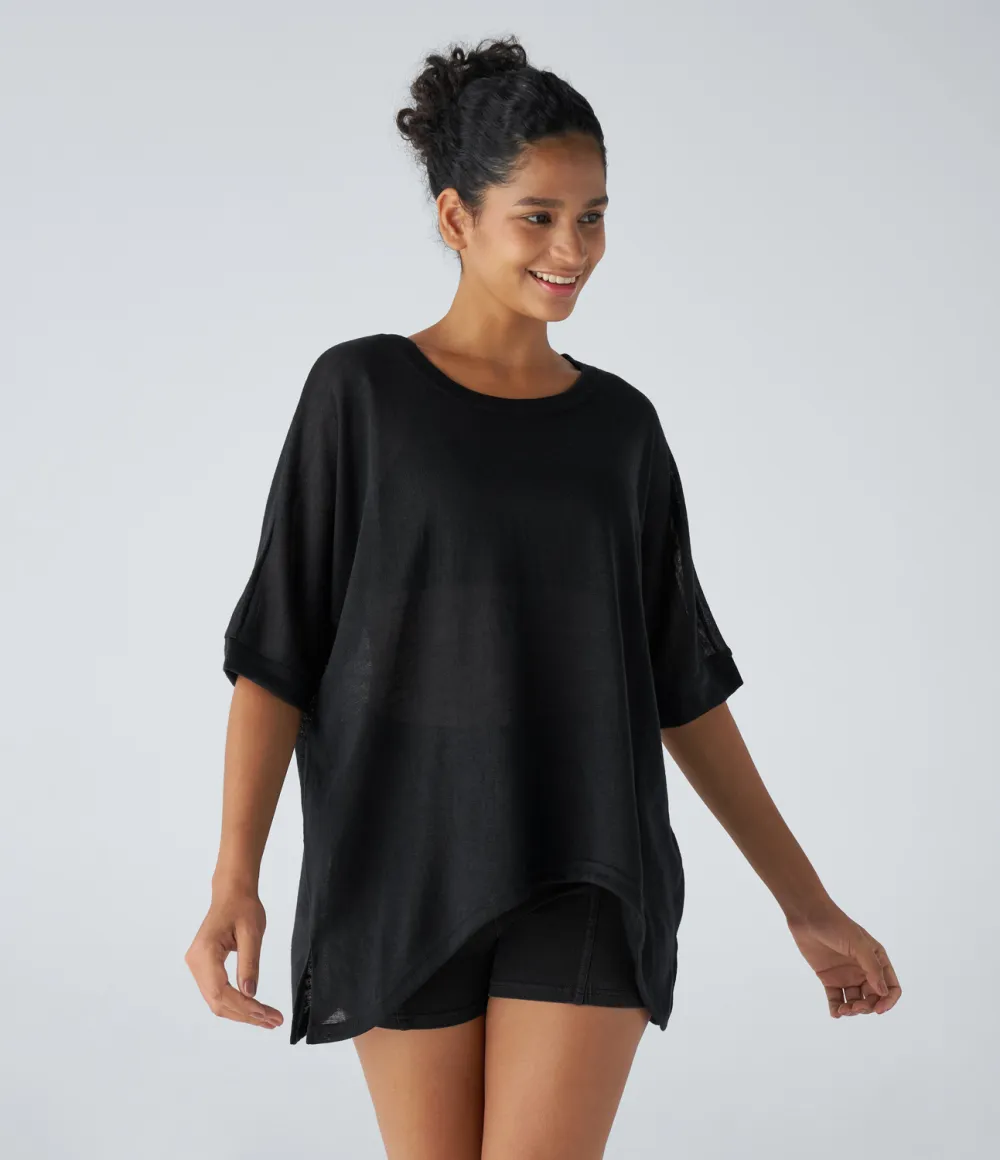 Asymmetric Split Hem Sheer Oversize Casual Top