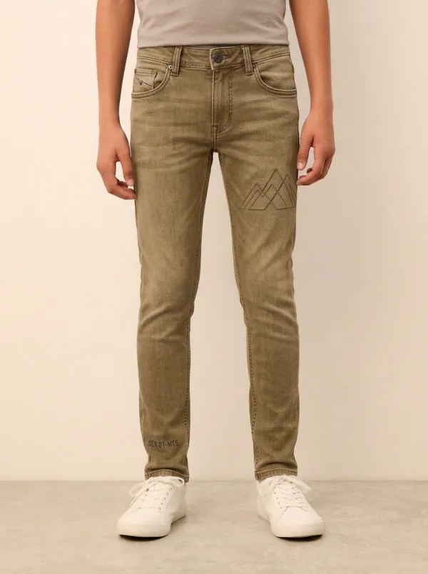 Men's Mid-Blue Mountain Graphic Geometric Stretch Jeans
