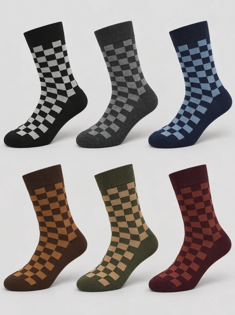 Men's Casual Checkerboard Pattern Printed Socks 6-Pack