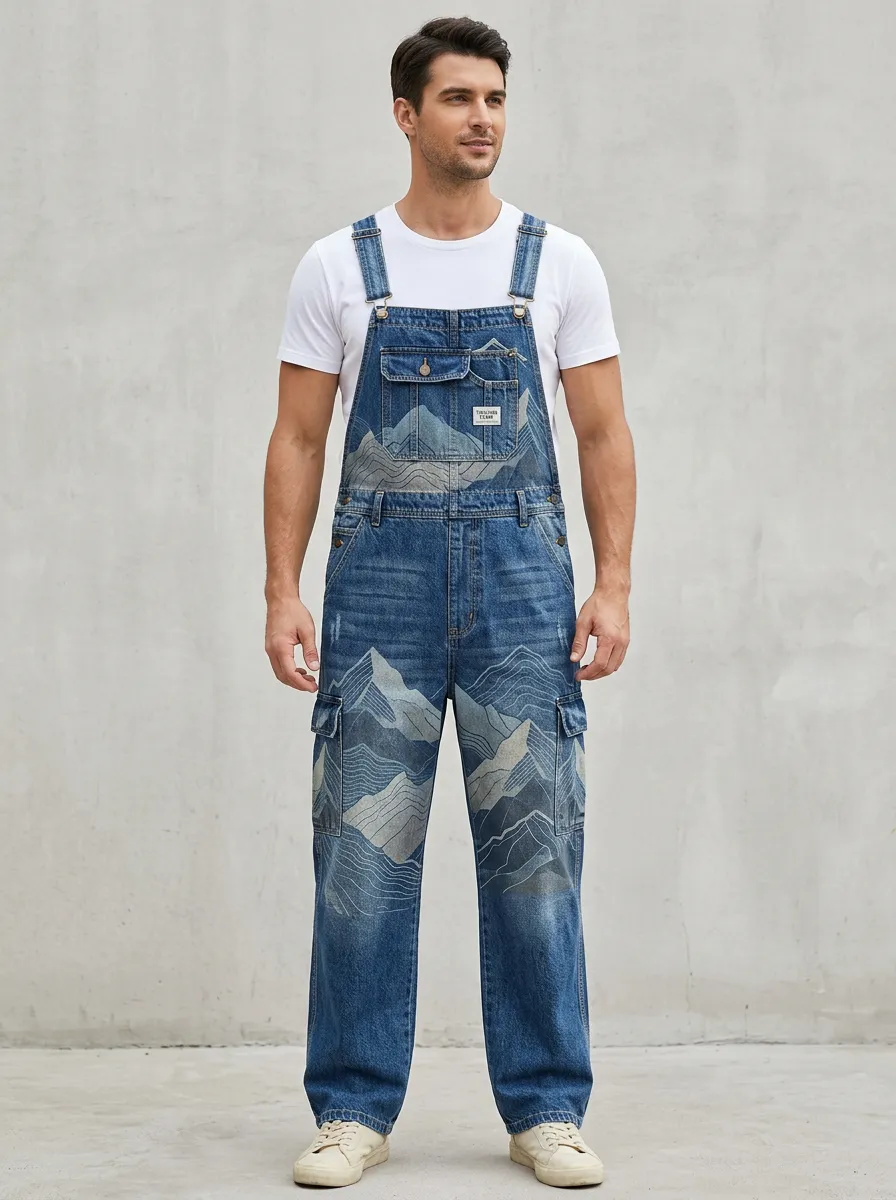 Mountain Print Denim Overalls