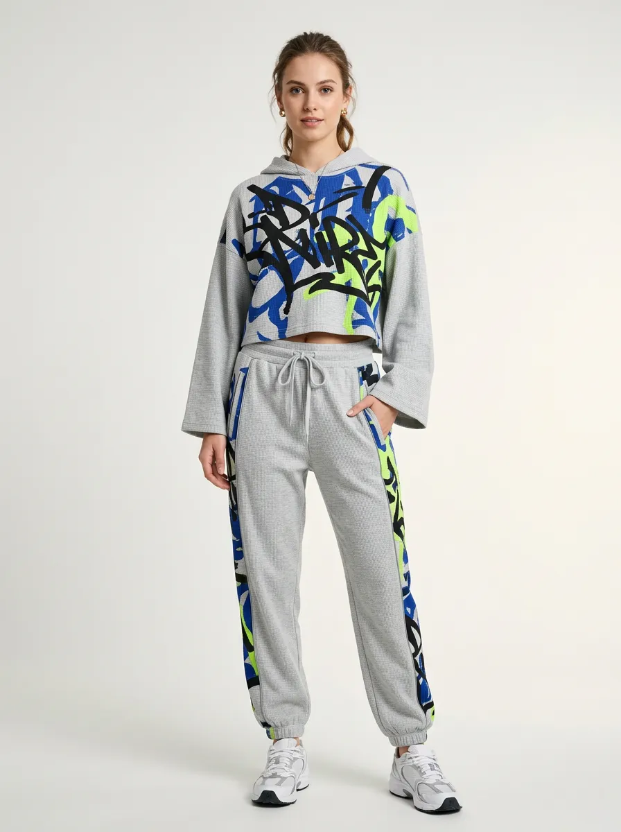 Women's Streetwear Graffiti Pattern Printed Waffle Knit Tracksuit