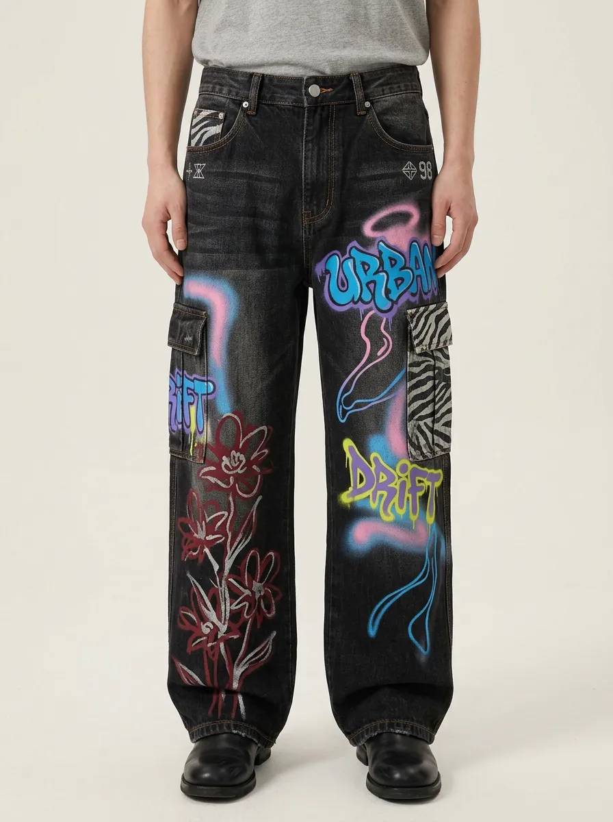 Men's Streetwear Graffiti Floral Zebra Contemporary Graphic Cargo Jeans