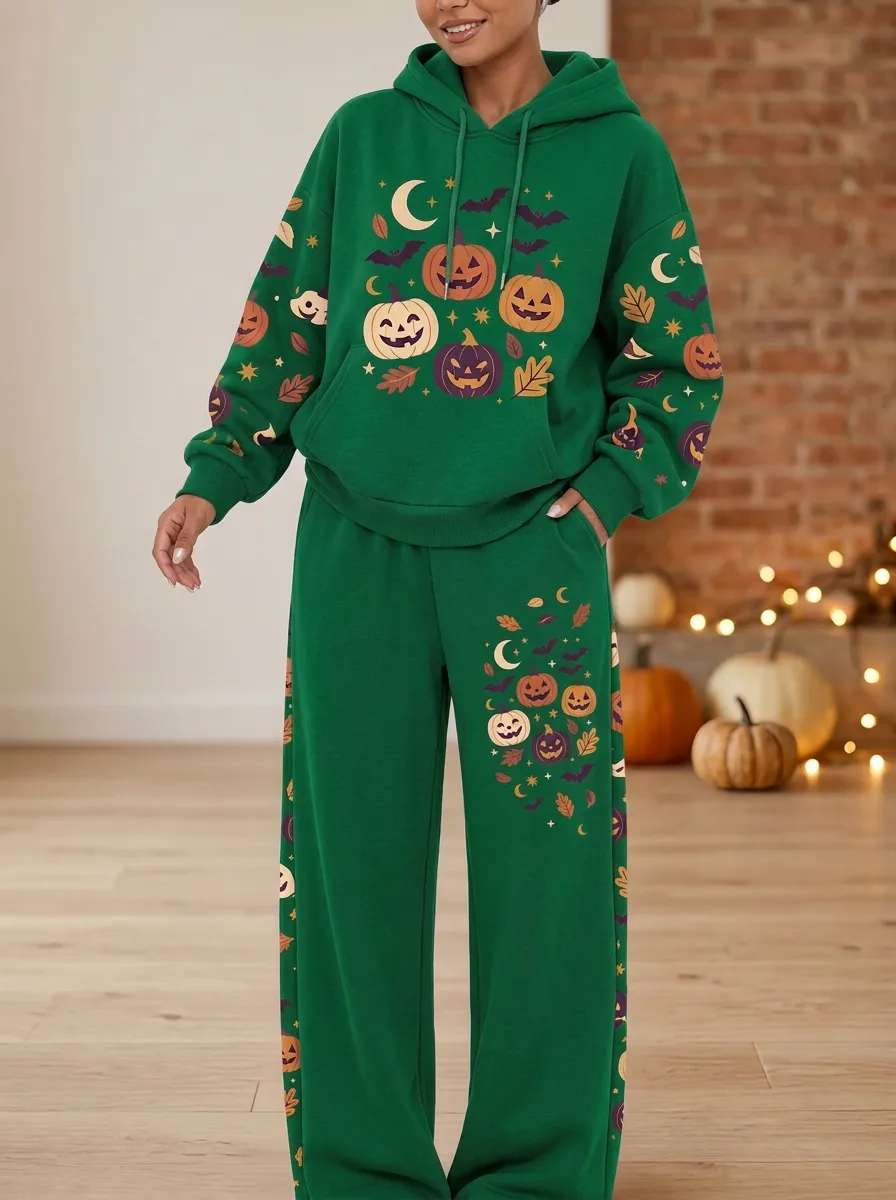 Women's Halloween Pumpkin Bat Moon Printed Hoodie Pants Set