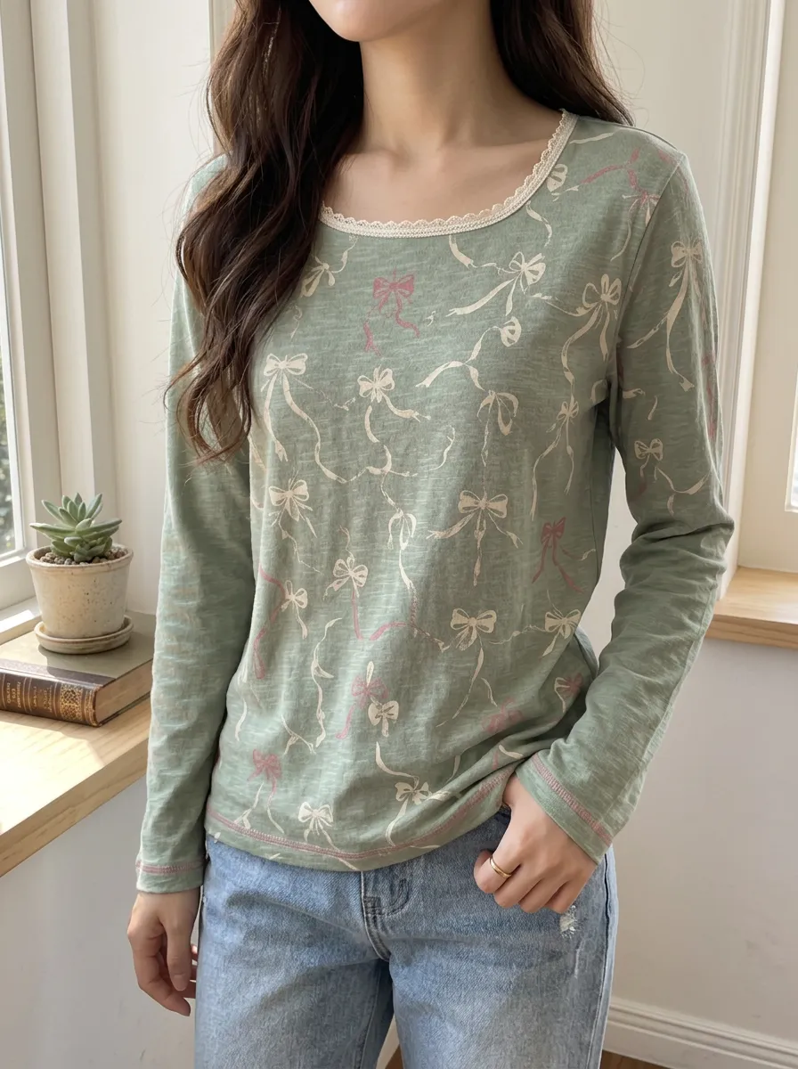 Women's Coquette Aesthetic Bowknot Printed Long Sleeve T-shirt