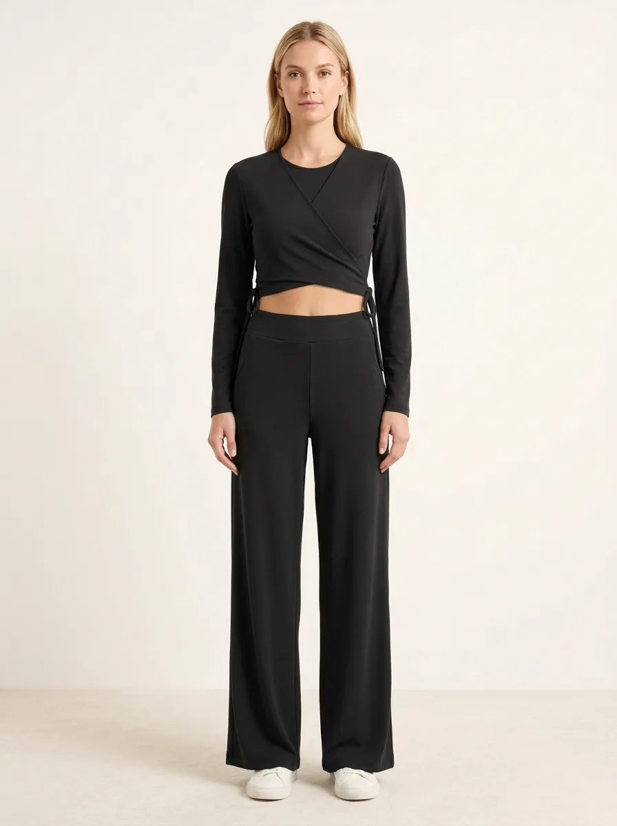 Women's Layered Wrap Crop Top and Side-Tie Wide-Leg Trouser Set