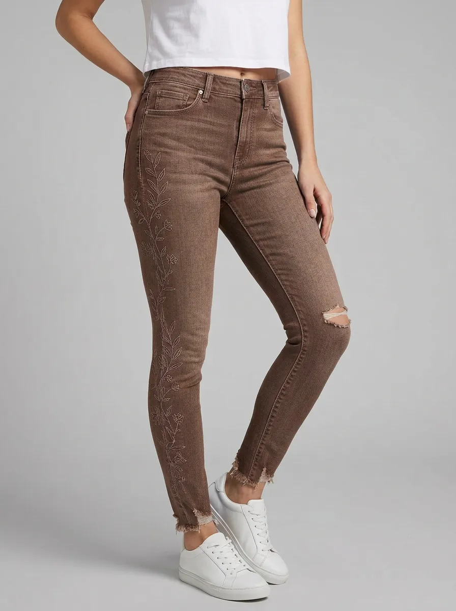 Women's Floral Vine Embroidered Distressed Slim Jeans