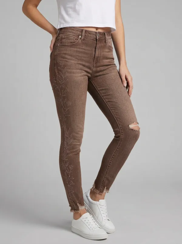 Women's Floral Vine Embroidered Distressed Slim Jeans