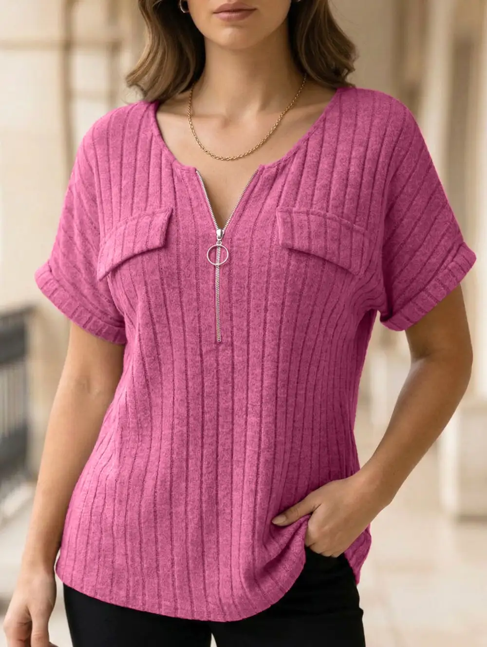 Ribbed V-Neck Knit Top