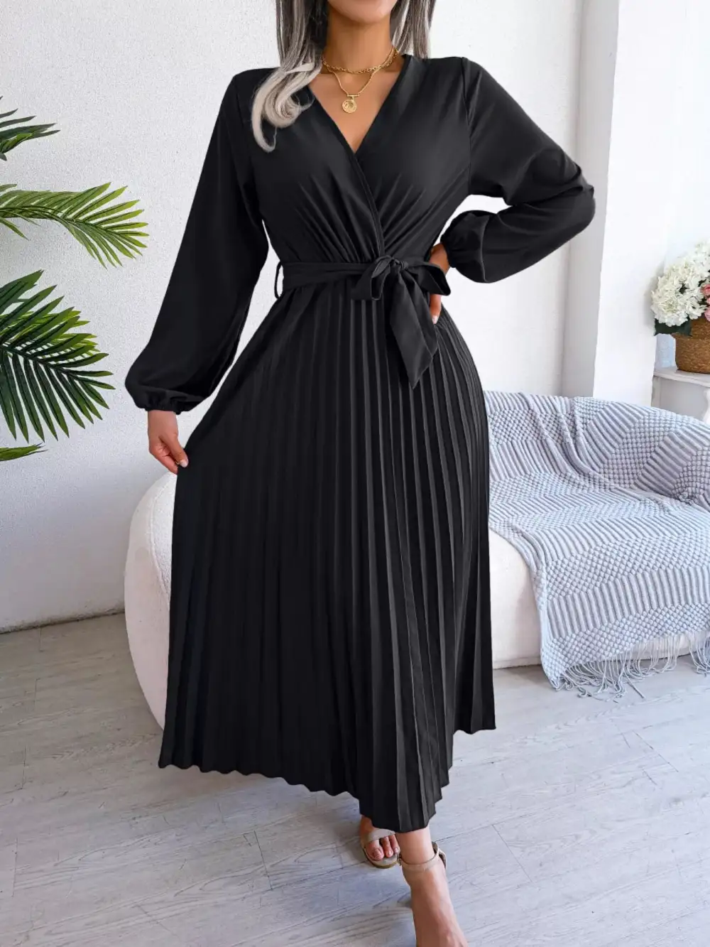 Pleated Long Sleeve Dress Casual