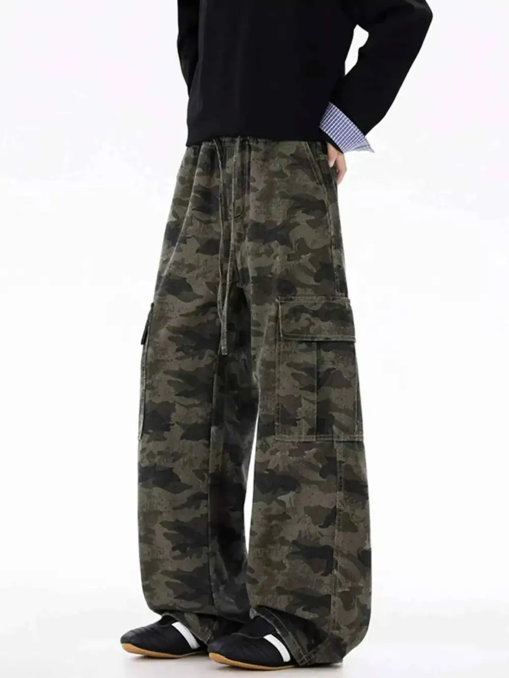 Drawstring Camouflage Wide Leg Pants