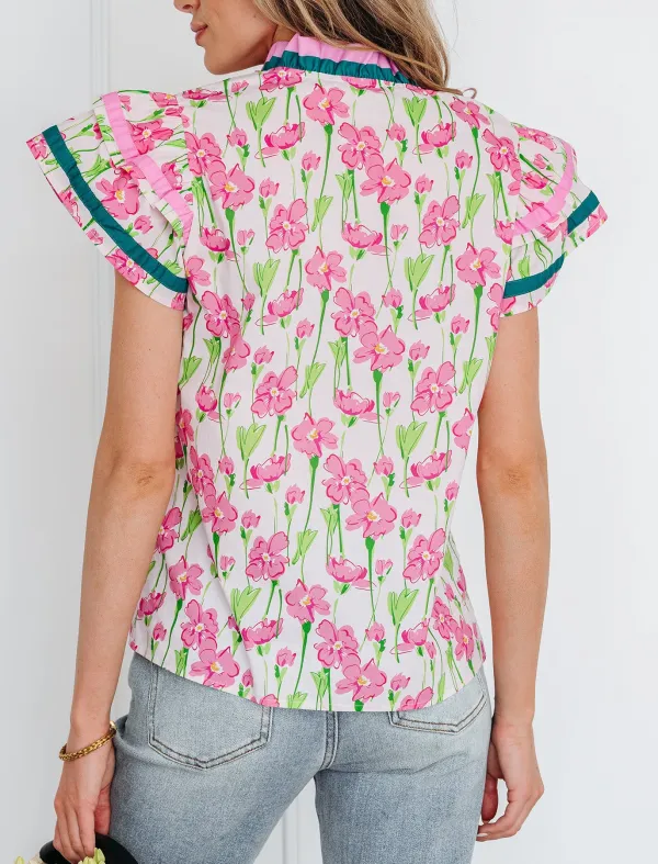 Women's Floral Print Ruffled Contrast Trim Top