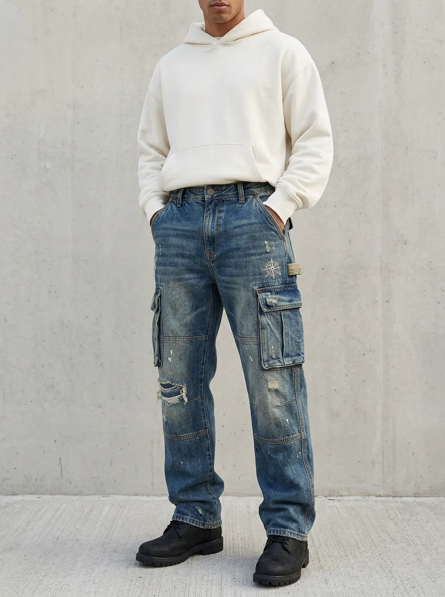 Men's Ridge Streetwear Compass Graphic Distressed Printed Cargo Jeans