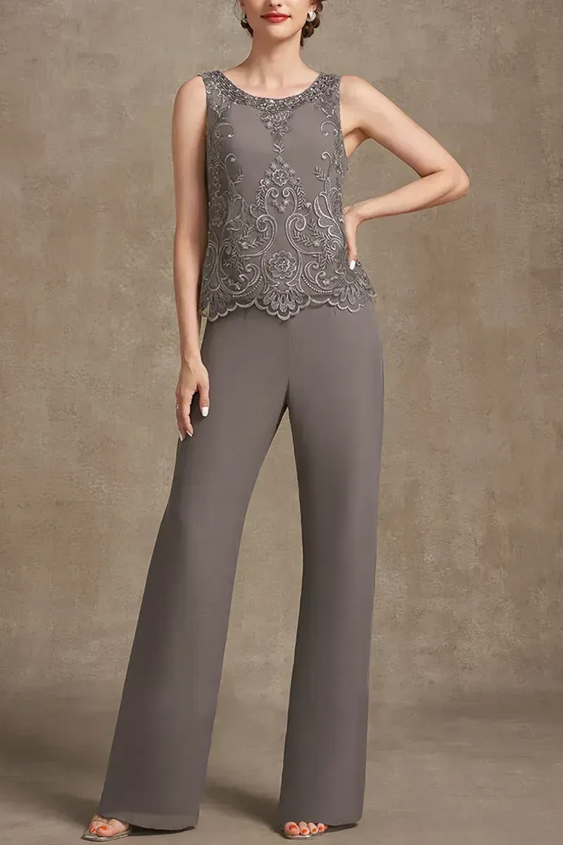 Plus Size Embroidery Chiffon Three Pieces Set Pant Suits