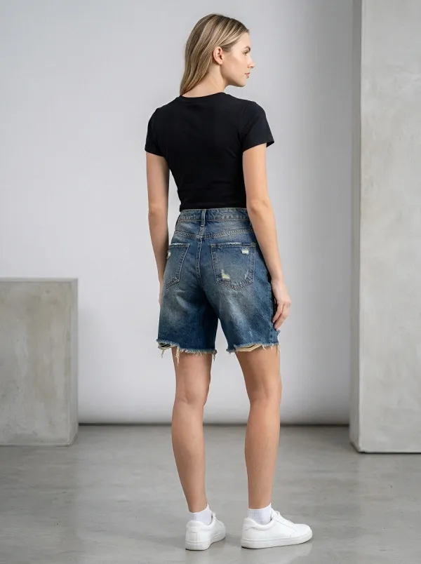 Women's Casual Style Distressed Denim Raw Hem Bermuda Shorts